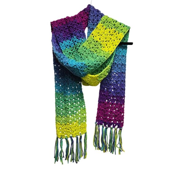 Handmade Accessories - Handcrafted Rainbow Crochet Open Knit Scarf Pride Tassels Festival